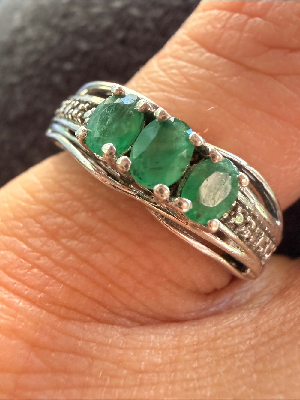 Natural Emerald Three-Stone and Diamond accents Sterling Ring - sz5